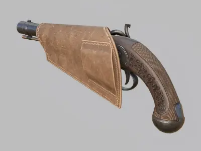 Pirate flintlock pistol with holster Low-poly 3D model