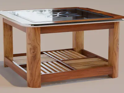 Wooden Glass Table Free low-poly 3D model