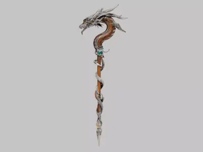 Lowpoly Magical Dragon Crafted Staff Game-Ready 3D Asset Low-poly 3D model