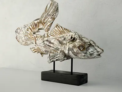 Hand Carved Driftwood Fish On Stand 3D model
