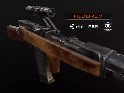 Fedorov machine gun with scope WW2 USSR PBR Low-poly 3D model