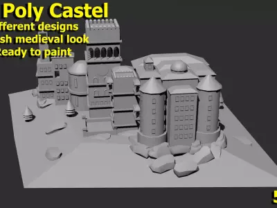 Low Poly Castle 5 building Low-poly 3D model