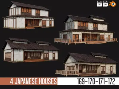 4 Old Japanese Building Packs 4K Textures GameReady 169 to 172 Low-poly 3D model