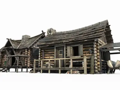 Two medieval buildings in hand drawn style 3D model