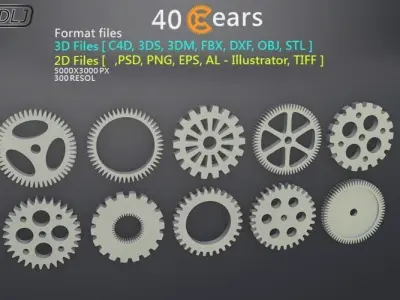 40 Gears 3D-2D Format files Low-poly 3D model