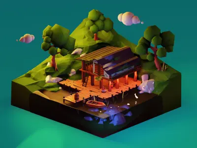 Low Poly isometric Lake House Day and Night version Low-poly 3D model