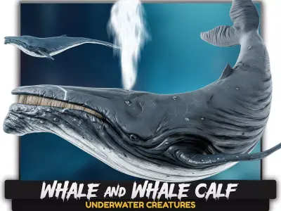 Whale and Whale Calf - Underwater Creature Animated Monster - 23 Low-poly 3D model