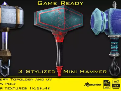 3 Stylized mini hammer - Game ready Low-poly 3D model