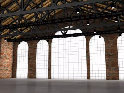 Warehouse 1 room with brick walls and windows 3D model