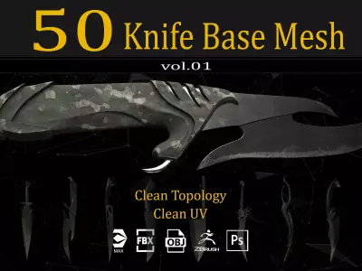 50 knife Base Mesh Clean UV and IMM Brush and  ABR Brush VOL01 3D model