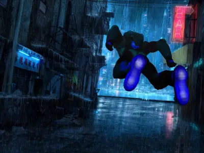 Jetboy man in rainy city 3D print model