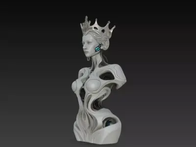 Neural Empress Crowned Android Female Bust Statue STL 3D Model 3D print model