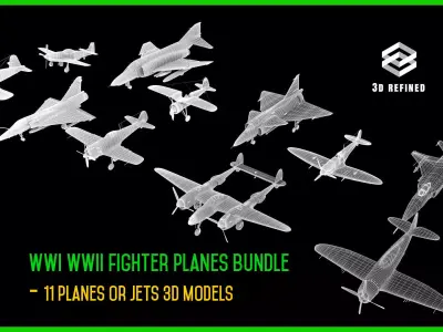 WWI WWII fighter planes bundle  11 planes or Jets 3D models Low-poly 3D model