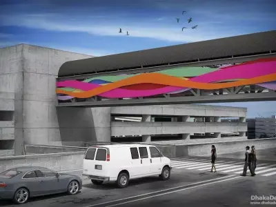 Skywalk colorful bridge over parking lot Free 3D model