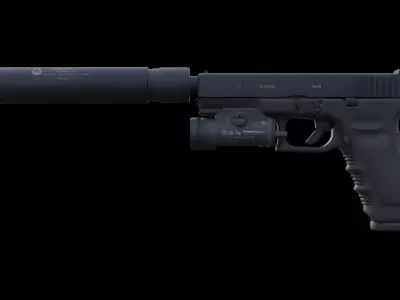 Tactical Glock 17 Pistol with Suppressor Flashlight Game Ready Low-poly 3D model