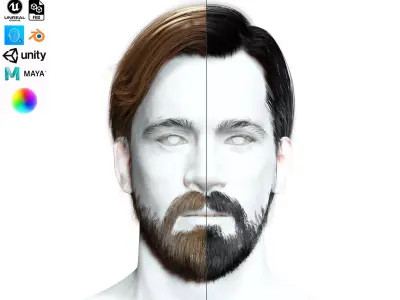 Classic Side Part Hair - Mustache - Beard Low-Poly Low-poly 3D model