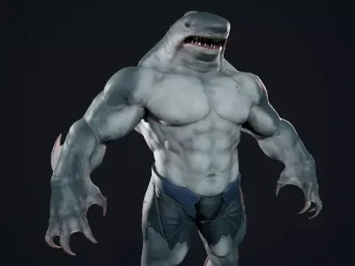 Sharkman creature with long arms and legs Low-poly 3D model