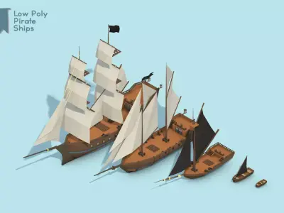 Low Poly Pirate Ships with Wrecked Versions Low-poly 3D model