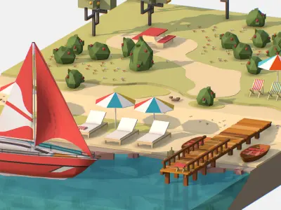 Red Yacht Scene MotorBoat Red Low-poly 3D model