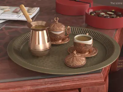Turkish Embossed Coffee Cups and Cezve on Serving Tray 3D model