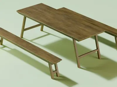 rustic  table  and two benchs 3D model