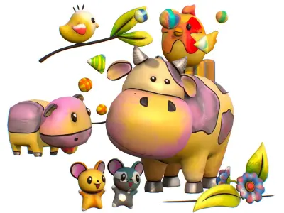Cartoon 3D illustration Cow Mouse Rooster Chick Low-poly 3D model