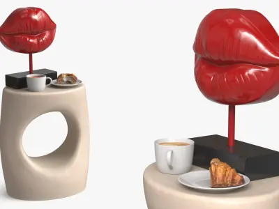 Side Table with Lip Sculpture and Coffee Cup Pastry 3D model