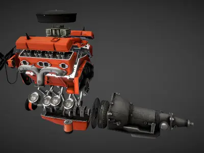 Disassembled V8 Small Block engine Low-poly 3D model