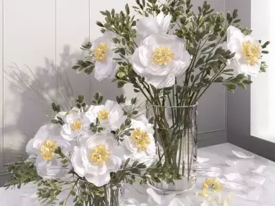 White camellia peony bouquet glass vases  3D model