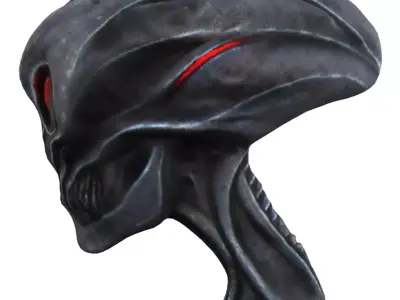 Alien metal skeleton head with red clowing eyes 3D model
