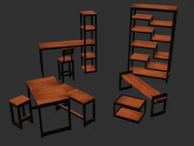 8 Different wood furniture elenements chairs and tables textured Free 3D model