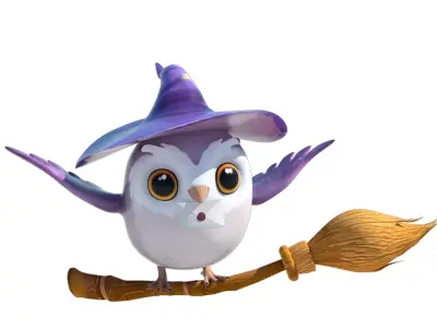 Cartoon owl- magic messenger with flying broom 3D model
