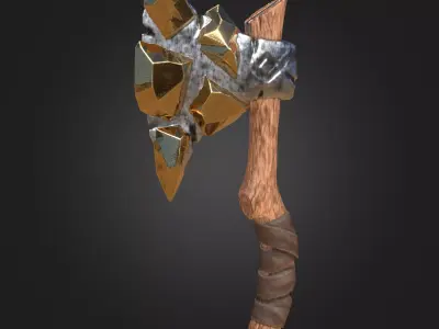 Stylized Melee Weapon Axe with Golden Crystals PBR game ready Low-poly 3D model