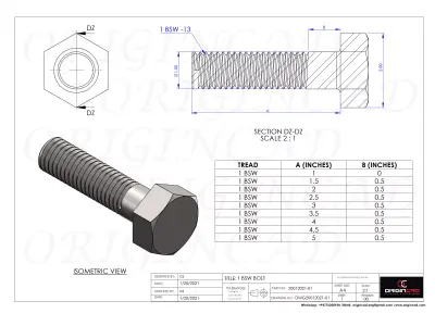 3D model for 1 BSW bolts with different length 3D model