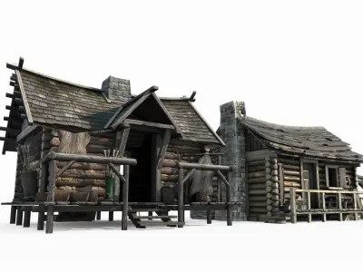 Two medieval buildings in hand drawn style 3D model