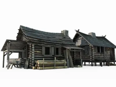 Two medieval buildings in hand drawn style 3D model