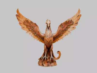 Wooden Phoneix Statue 3D Model of a Winged Creature Low-poly 3D model