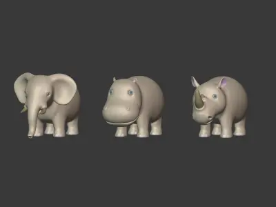 Cartoon Animals Pack - Elephant --Rhinoceros -- Hippopotamus Low-poly 3D model