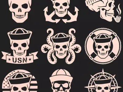 American Sailor Skull Bundle  9 Nautical Military STL Designs 3D print model