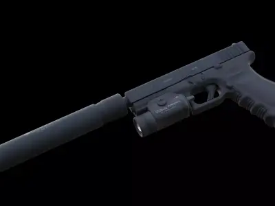 Tactical Glock 17 Pistol with Suppressor Flashlight Game Ready Low-poly 3D model