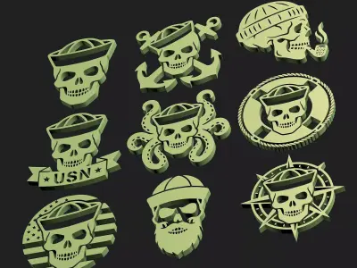 American Sailor Skull Bundle  9 Nautical Military STL Designs 3D print model