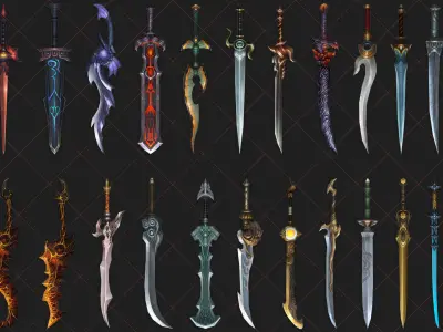 100 Fantasy Battle Sword 2D Game Asset 3D model