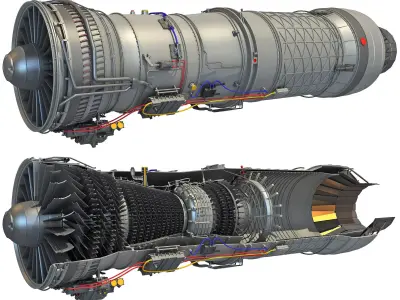 Complete and Sectioned Afterburning Turbofan Engine 3D model