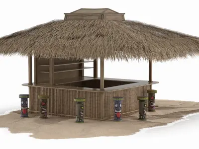 Faded Bamboo Bar with Worn Thatch and Tribal Seating Brown Old 3D model