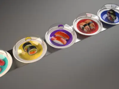 sushi belt Kaitenzushi and dishes Giapan seafood Low-poly 3D model