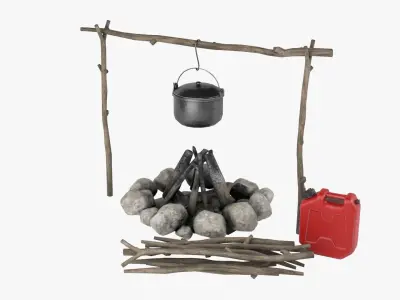 Campfire fire pit with pots and pans Low-poly 3D model