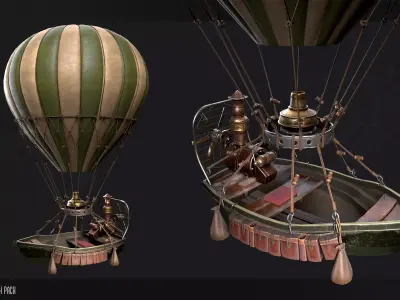 Steampunk Air Balloon Boat Model Game Ready Kitbash Textured Low-poly 3D model