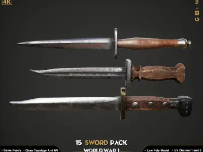 15 Military Sword ww2 Game Ready Low-poly 3D model