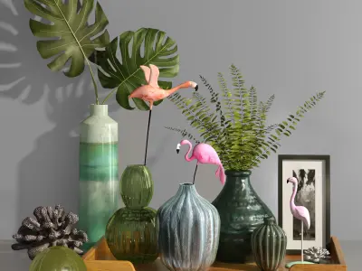 Decorative set tropical vases and flying flamingo  3D model
