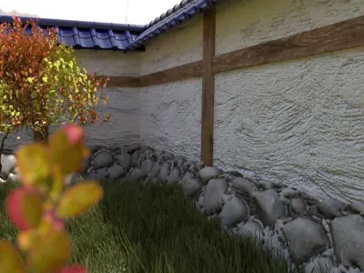 Japanese garden with wall bushes and gras 3D model Low-poly 3D model